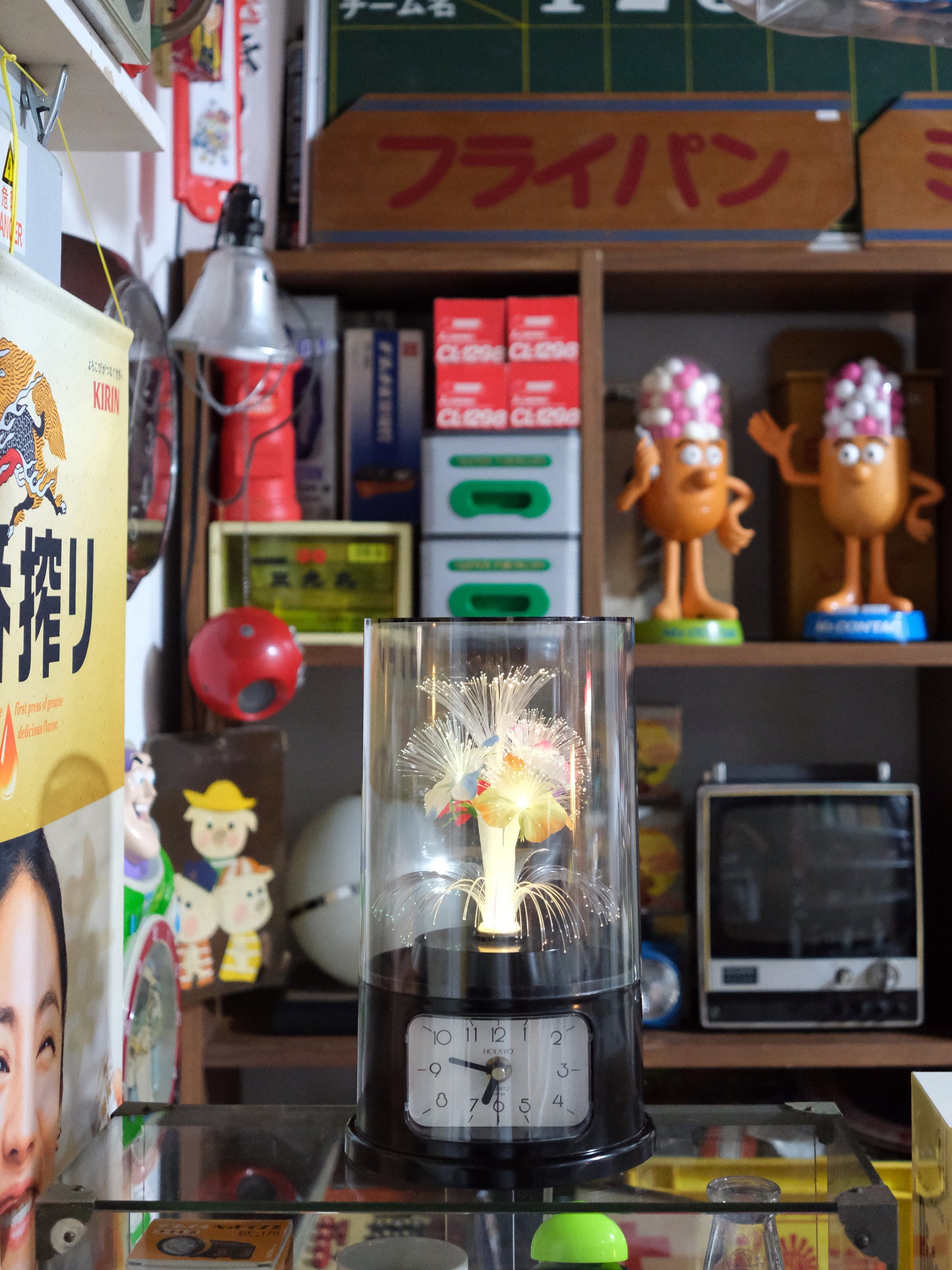 日本 Housyo 圓柱型 旋轉發光纖維花燈 石英鐘 Quartz Lamp Clock