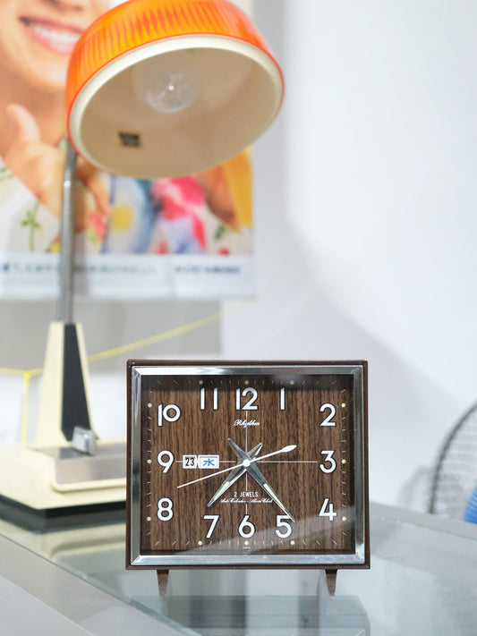 日本制 70's Citizen 星辰 木紋 手動 上鏈式 日暦 鬧鐘 時鐘 Alarm Clock