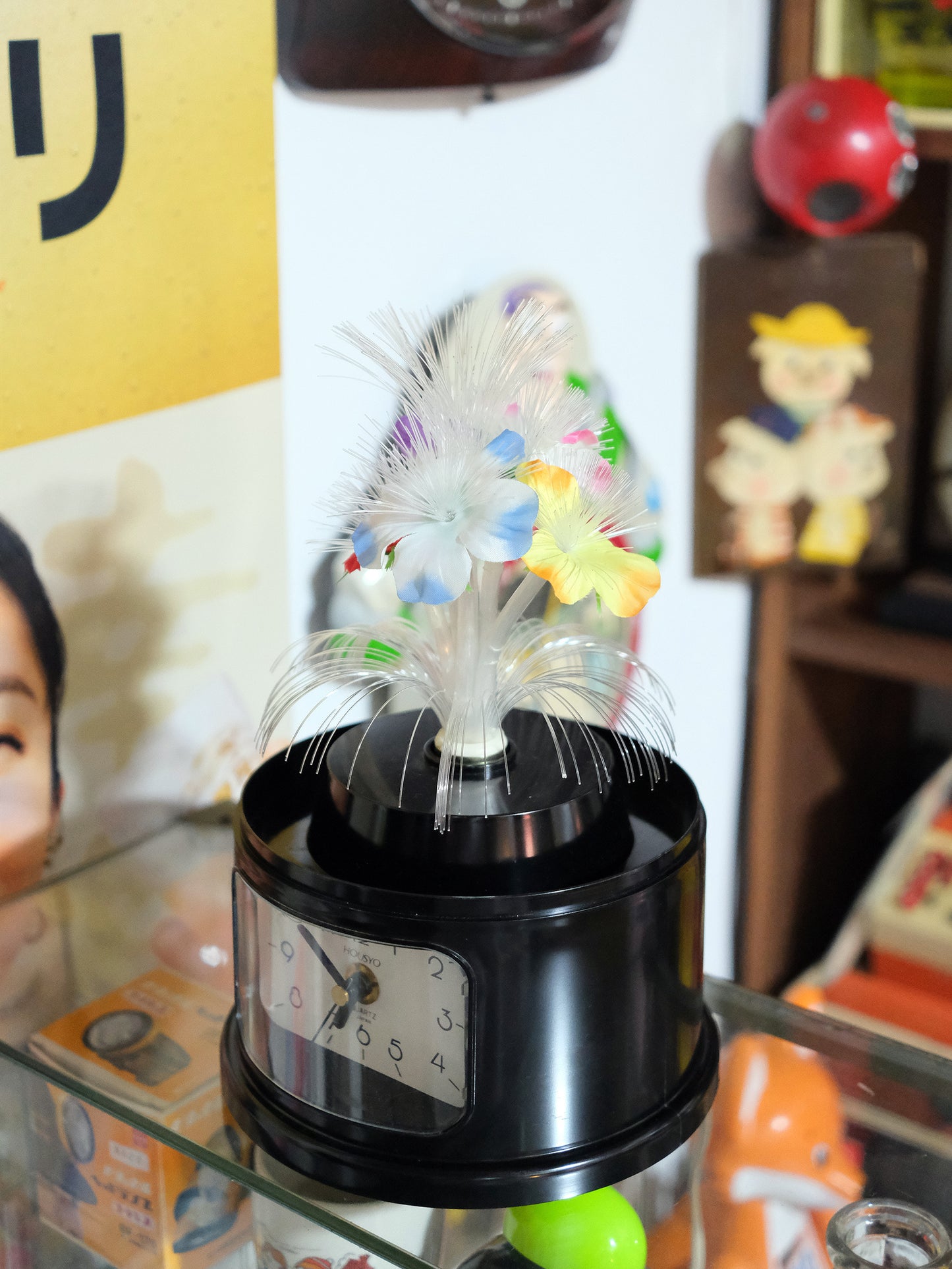 日本 Housyo 圓柱型 旋轉發光纖維花燈 石英鐘 Quartz Lamp Clock