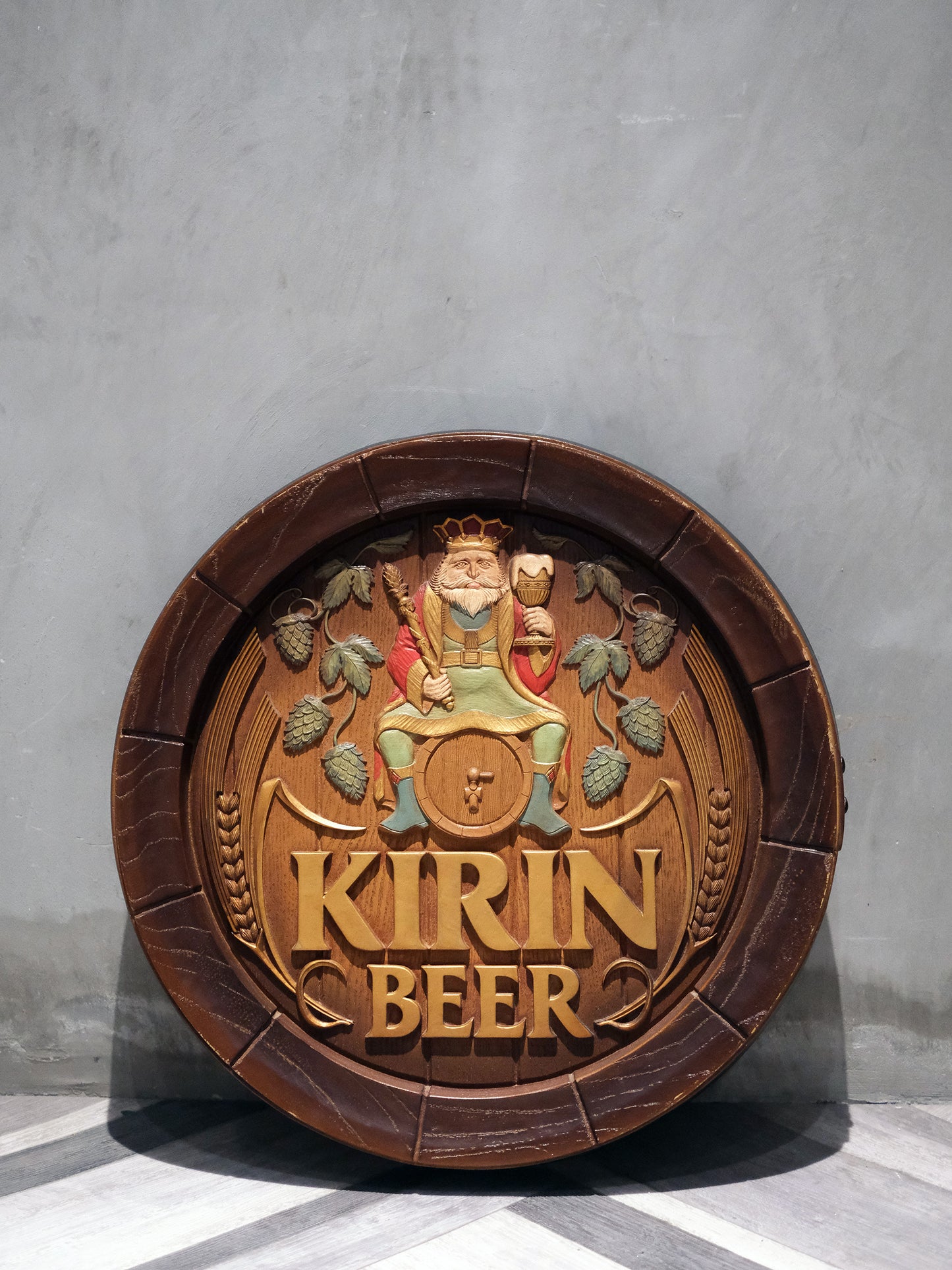日本 KIRIN 麒麟 啤酒 店鋪用 木製樽型 立體 掛牆 廣告 看板