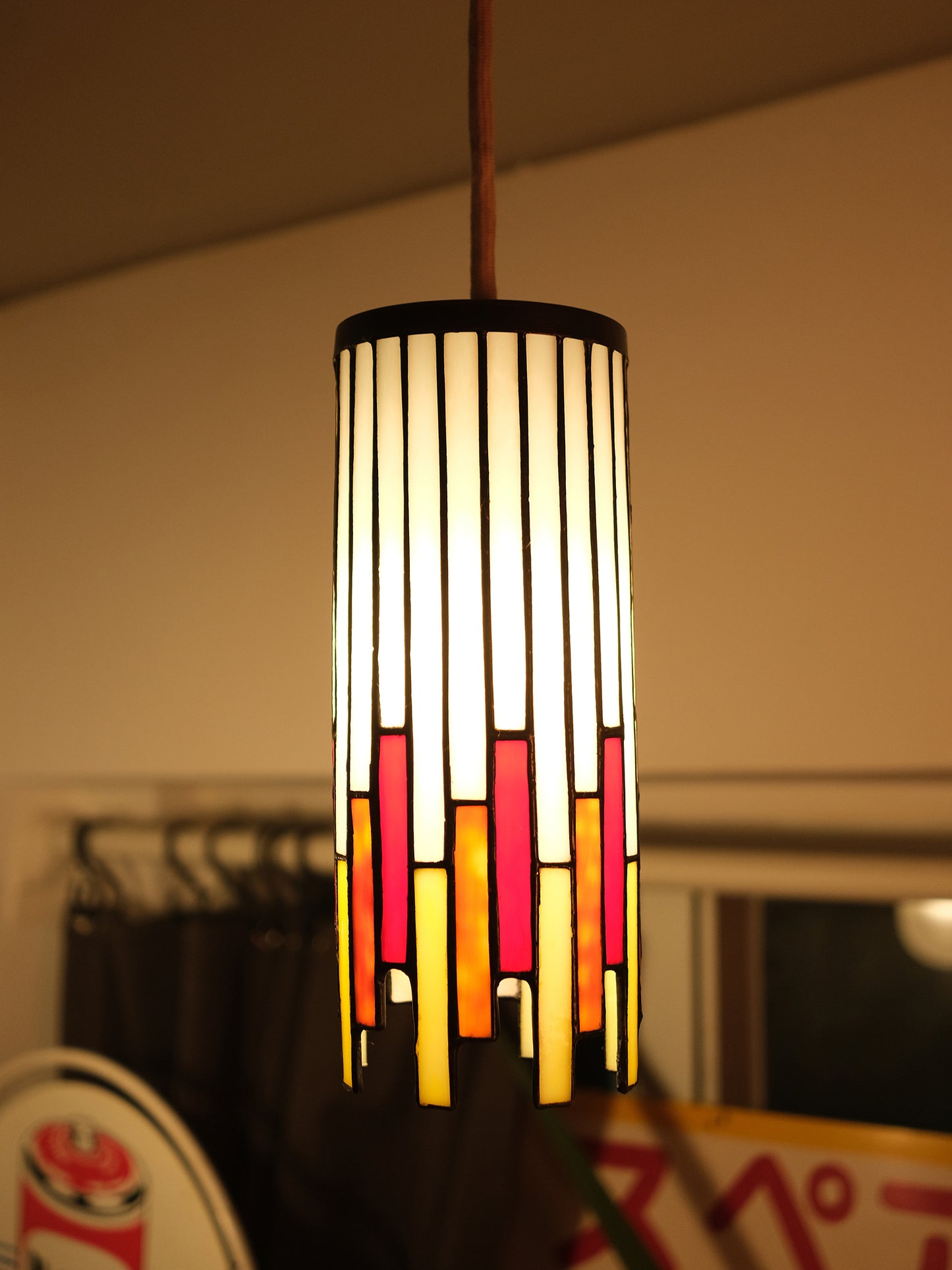 日本 舊物 彩繪玻璃 彩色 燈罩 照明 器具 路軌 吊燈