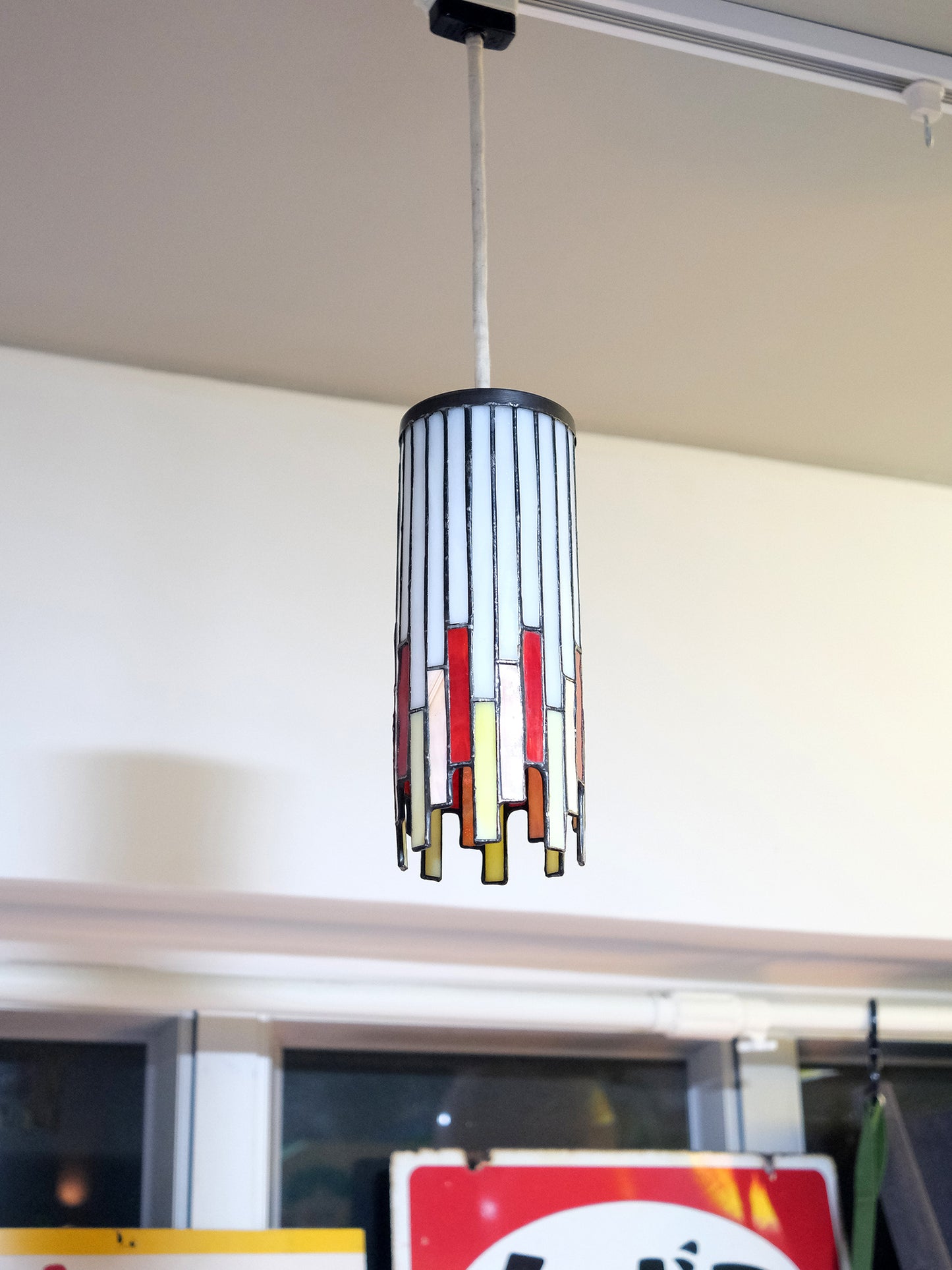 日本 舊物 彩繪玻璃 彩色 燈罩 照明 器具 路軌 吊燈