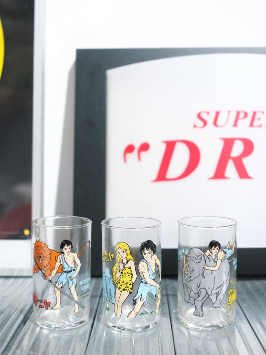 全新品 日本 80's Ashihi 三矢蘇打 動畫 少年肯亞 插圖 玻璃水杯 3個套裝
