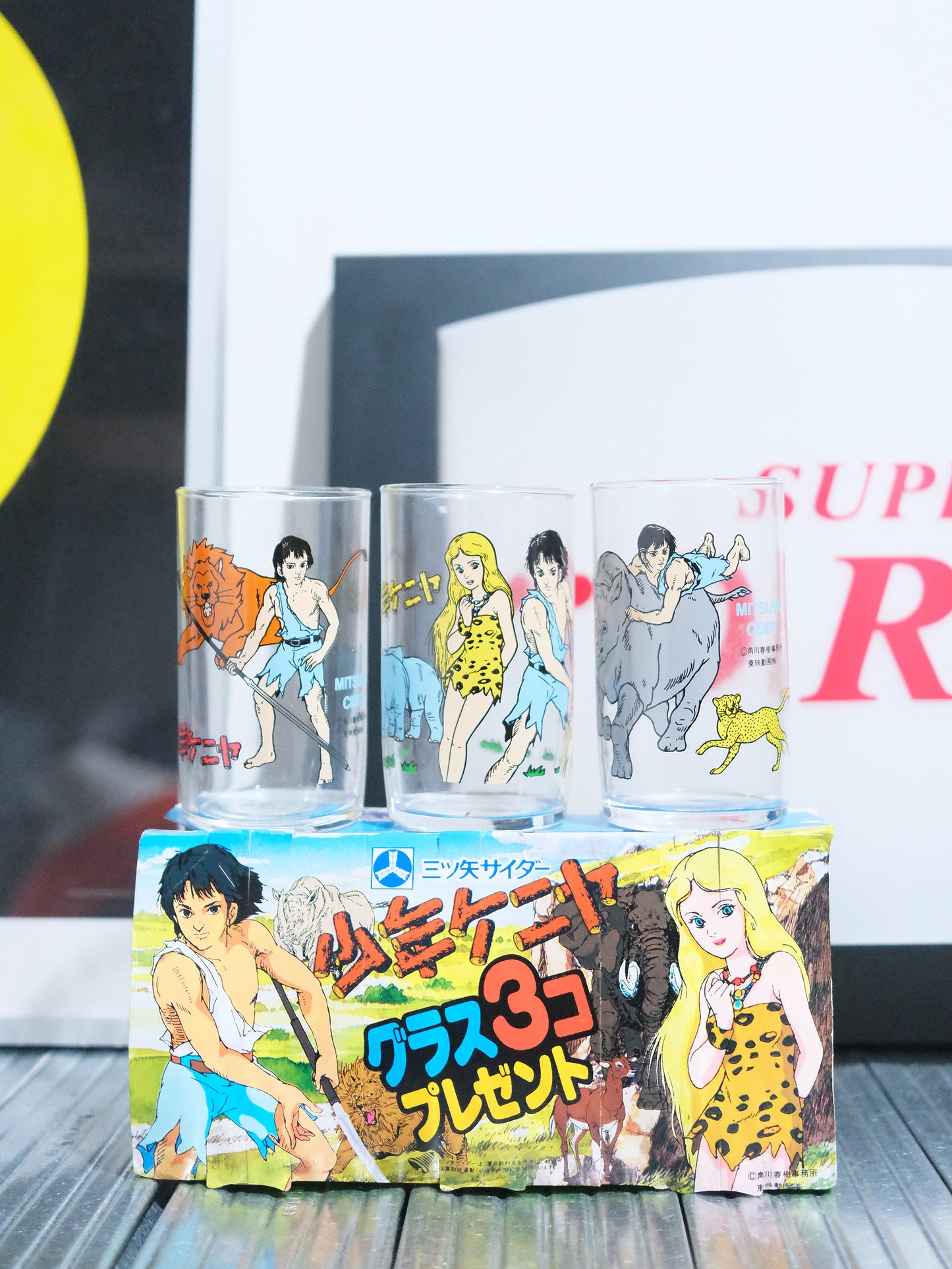 全新品 日本 80's Ashihi 三矢蘇打 動畫 少年肯亞 插圖 玻璃水杯 3個套裝